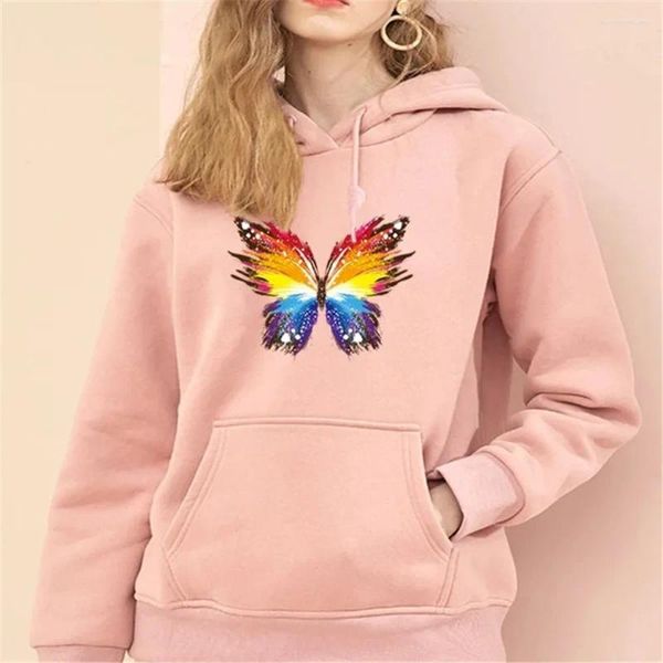 Hoodies femininos outono feminino casual borboleta impressão sweatshirts harajuku topos estilo poliéster rosa casal modelos moletom roupas 2024