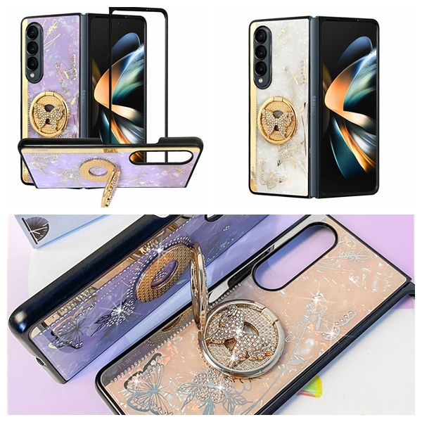 Tybomb Flower Butterfly Klappständer Hüllen für Samsung Galaxy Z Fold 5 4 3 ZFold5 Fold5 Fold4 Luxus Hart PC TPU Bling Diamant Strass Fingerring Halter Cover Skin