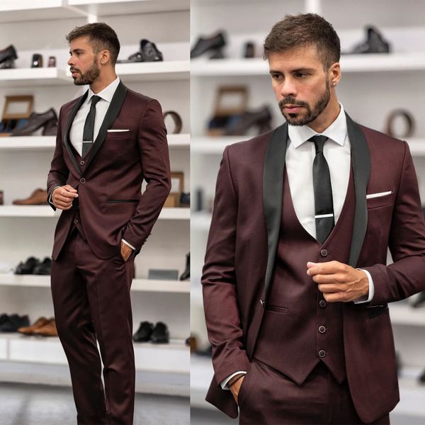 Mode Männer Anzüge Burgund Slim Fit 3 Stück Hochzeit Bräutigam Tragen Beste Männer Smoking Kostüm Homme Mariage Jacke Hosen weste