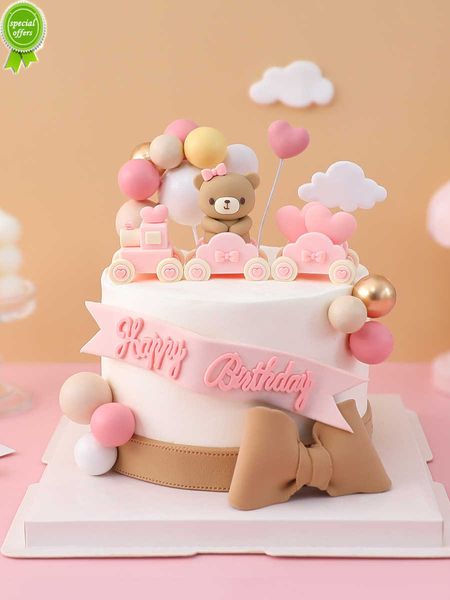 Nuovo topper per torta di compleanno, inserto per segno, palla di schiuma color terra, fiocco, decorazione per la prima torta di compleanno, palline, ornamenti per bambole con treno di orsi