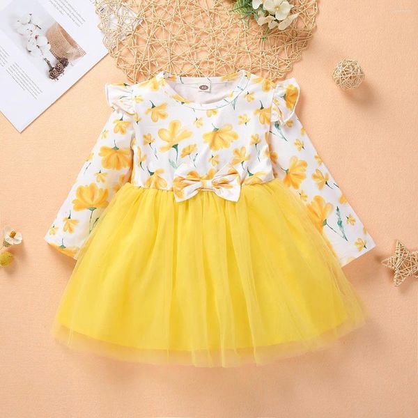 Mädchen Kleider Winter Herbst Mädchen Mesh Kleid Rüschen Langarm Bogen Kleidung Kinder Kinder Baby Vestidos 3 4 Jahre 12 18 Monate