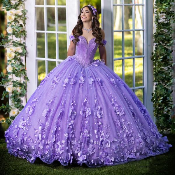 Splendido abito da Quinceanera color lavanda con scollo a cuore e spalle scoperte, abito da ballo, perline in tulle, abito da principessa, festa in fiore 3D