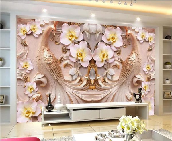 Papéis de parede em relevo, papel de parede de flores de pavão pintura de parede de parede de luxo para sala de estar impressões de tela HD texturizadas texturizadas