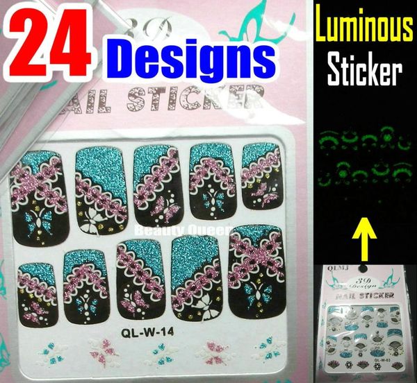Luminoso 24 estilos Pretty Cure Sparkle 3D Nail Decal Coreia Acrílico Lace Designs Completo Francês Glitter Nail Art Adesivo Dicas Dica D8471441