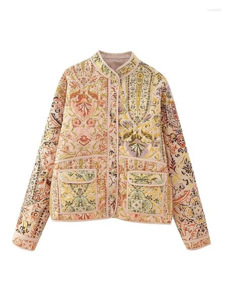 Casacos femininos MESTTRAF Mulheres 2023 Moda Y2K Pano Patchwork Flor Impressão Jaqueta Casaco Vintage Manga Longa Feminino Outerwear