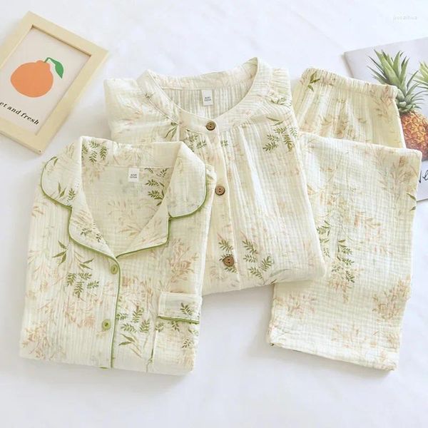 Damen-Nachtwäsche 2023 Frühlings- und Herbst-Pyjama-Set aus Baumwoll-Krepp, bedruckt mit langen Ärmeln und Hosen, zweiteiliger Heimanzug