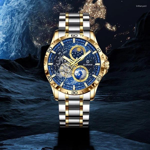 Orologi da polso GLENAW orologi da uomo di marca originali impermeabili multifunzionali luminosi orologio meccanico completamente automatico fasi lunari disco stellato