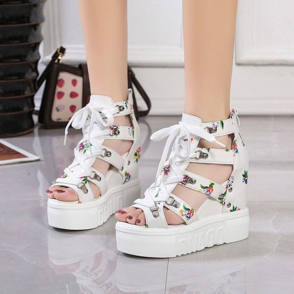 Hot Print Freizeit Wedges Damenschuhe 2023 Sommerschuhe Damen Sandalen Plateau Schnürsenkel High Heels Freizeitschuhe Frau