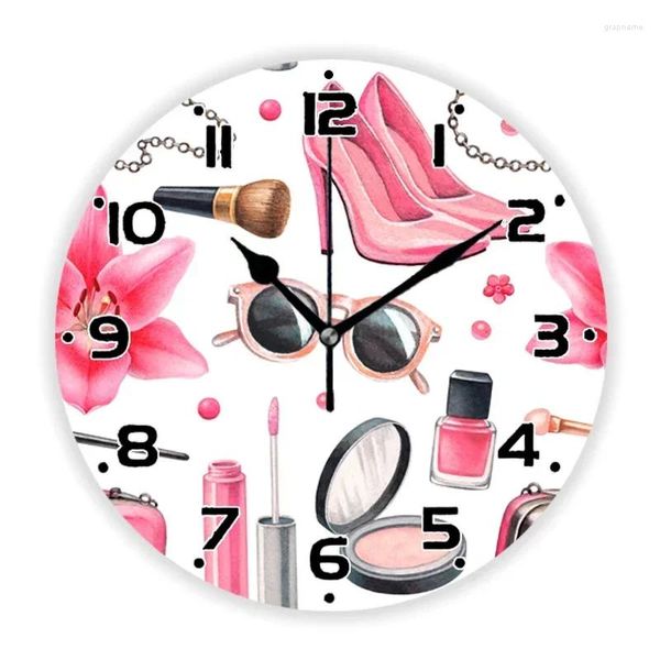 Orologi da parete Rosa Tacchi alti Rossetto Smalto per unghie Trucco Orologio cosmetico per salone di bellezza Studio Orologio Ragazza Camera da letto Decorazioni per la casa Regalo