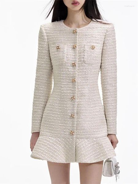 Casual Kleider 2023 Herbst Frauen Tweed Rüschen Mini Kleid Perle Strass Tasten Rundhals Weibliche Elegante Langarm Roben