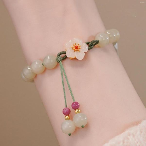 Braccialetti di giada del fiore della pesca del filo per le donne Ragazze Moda cinese Antica agata rossa Perline Braccialetto di fascino Tessuto a mano Corda Regalo di gioielli