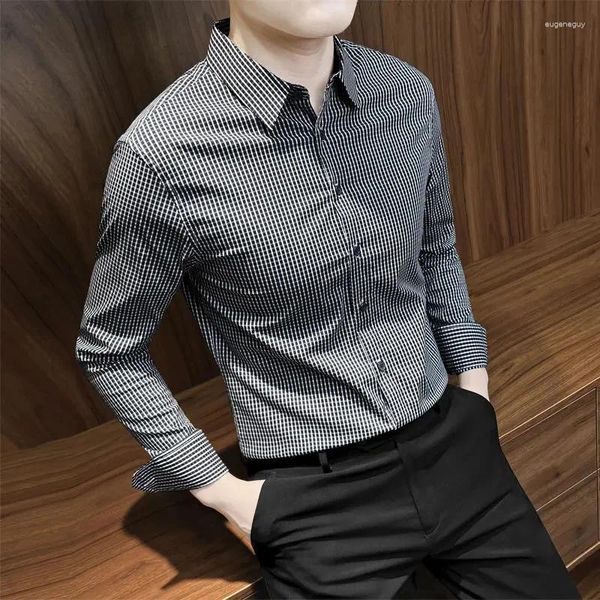 Camisas de vestido masculinas 2023 Primavera Outono Coreano Stretch Slim Fit Masculino Manta Negócio Casual Homens Botões Trabalho I136