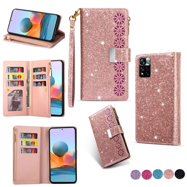 Capa de telefone carteira luxuosa de couro com glitter para Xiaomi Redmi Note 12 4G 12 10 11 Pro Plus 11E 11T 10S 9S 8 11SE Suporte de bolso para cartão Kickstand Capa