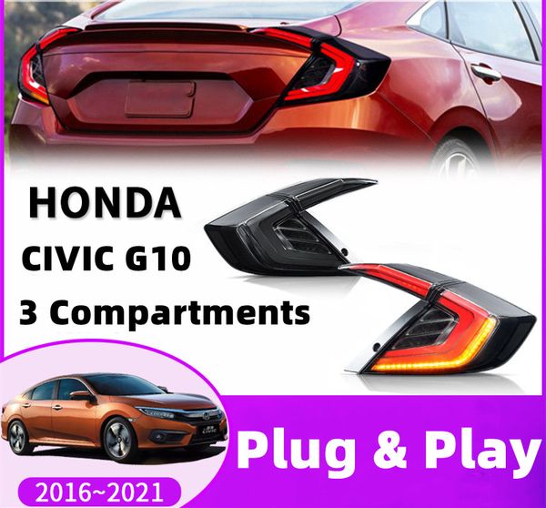 Lanternas traseiras de carros para Honda Civic G10 3 Compartimentos 20 16-20 21 LED Modificado DRL Singal Lamp Dinâmico Freio Reverso Luzes traseiras