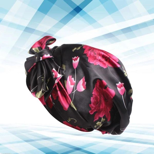 Baskenmütze für Damen, Satin, Schleife, Schwanz, Turban, Chemo-Mütze, Kopftuch, Haarausfall-Schal (schwarze Blume)