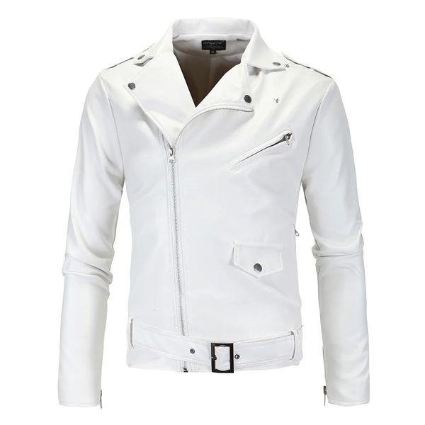 Pele masculina faux jaquetas de couro dos homens 2023 branco preto casual lapela fino ajuste diagonal zíper motocicleta pu jaqueta casaco roupas 231123