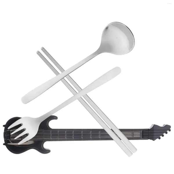 Set di stoviglie 1 set di cucchiaio, bacchette e forchetta per pranzo, scatola portatile a forma di chitarra, utensili da viaggio