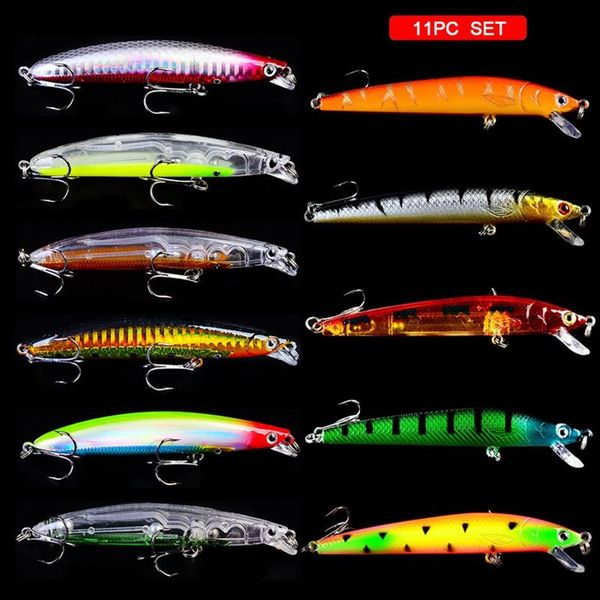 11Pcs Set 95mm 9 5g 6# Haken Minnow Angeln Locken Kunststoff Bassbait Haken Künstliche Bass Crankbait Tackle228c