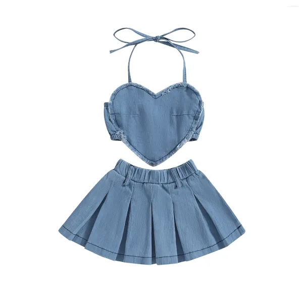 Set di abbigliamento Pudcoco Bambino Bambini Neonate 2 pezzi Abiti in denim Senza maniche Scollo all'americana Cuore Top Gonna a pieghe Set Abbigliamento per bambini 1-6T