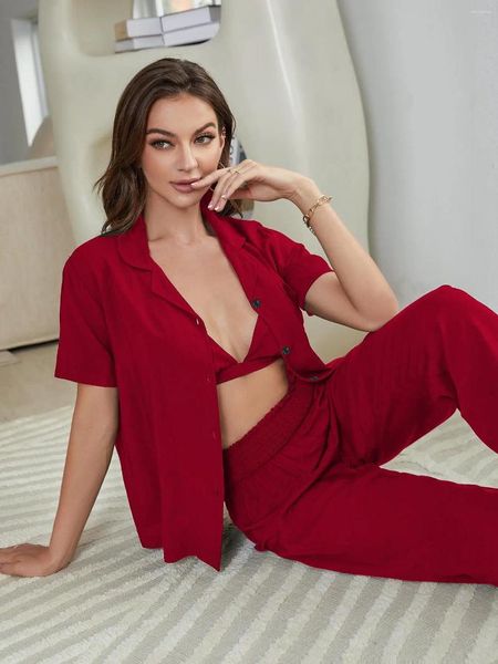 Pijamas femininos sexy algodão conjuntos de pijama pijamas com decote em v lingerie conjunto roupa interior de três peças de manga curta calças superiores