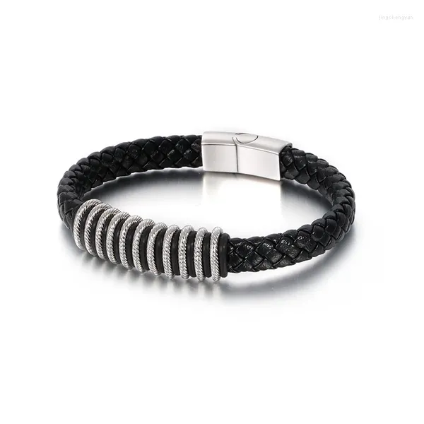 Armreif Mode Twist Schwarz Leder Männer Gold Farbe Titan Feder Band Schnalle Punk Einfach Trendy Stil Schmuck