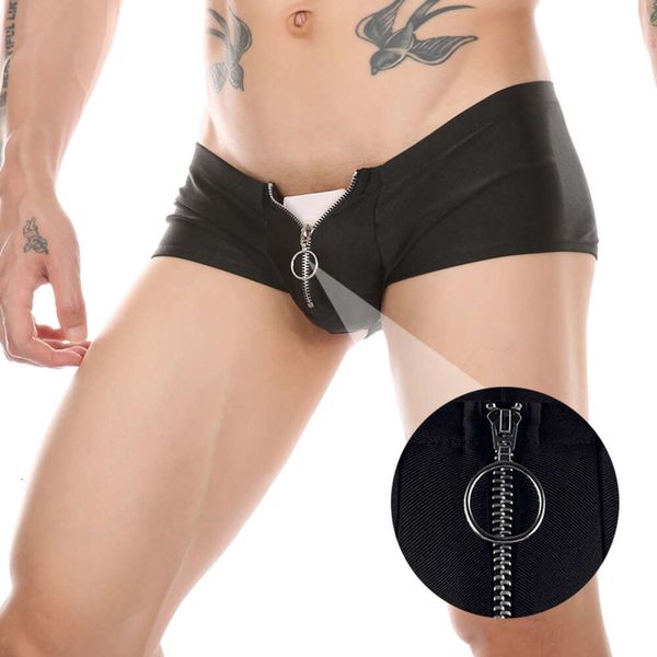 Lingerie masculina sem virilha sexy zíper boxer abertura baixa cintura shorts apertados fundo aberto 18+ roupas para adultos