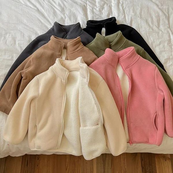 Jaquetas meninas meninos casaco de lã crianças turn down colarinho outerwear 2023 outono inverno jaqueta sólida 2 a 10 anos roupas infantis estilo coreano