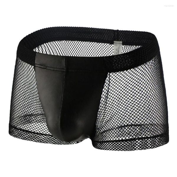 Unterhose Herren Unterwäsche Shorts Dessous Sexy Mesh Transparent PU Leder Penis Pouch Boxer Clubwear Man