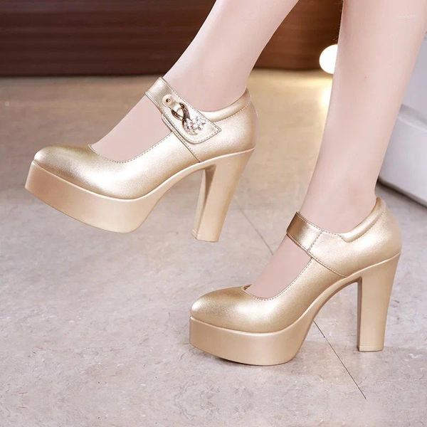 Sapatos de vestido 5 8 10cm tamanho pequeno 32-44 elegante ouro prata casamento mulheres plataforma bombas 2023 bloco salto alto modelo de escritório