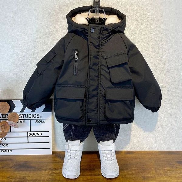 Conjuntos de roupas inverno para baixo jaqueta de algodão meninos preto casaco com capuz crianças outerwear adolescente 38y crianças parka acolchoado snowsuit xmp323 231123