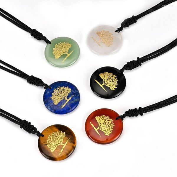 Colares pendentes de pedra natural redonda de moda de moda gravura árvore da vida homens mulheres colar reiki ametista cura jóias de quartzo de cristal