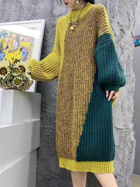 Базовые повседневные платья Женское полосатое платье с цветочным принтом зимнее вязаное корейское модное элегантное ретро с длинными рукавами свитер большого размера СВОБОДНОЕ 231122