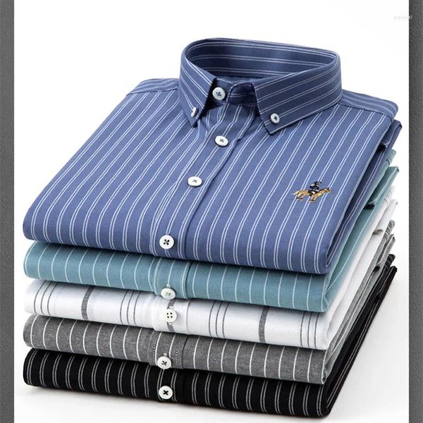 Camisas masculinas elegantes com logotipo bordado manga comprida casual contraste listrado camisa oxford confortável padrão ajuste botão-para baixo