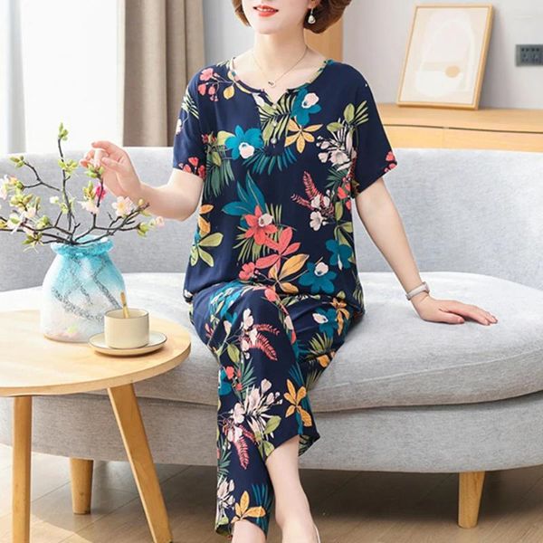 Mulheres sleepwear fdfklak mulheres 2 peças floral impressão verão solto viscose pijamas lounge wear fino manga curta calças ternos