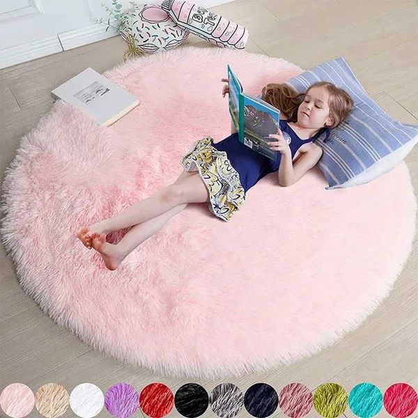 Teppiche Flauschige runde Teppiche für Mädchenschlafzimmer, weicher, zotteliger weißer Teppich im Wohnzimmer, Nachttischteppiche, rosa Heimdekoration, haarige Babyspielmatte