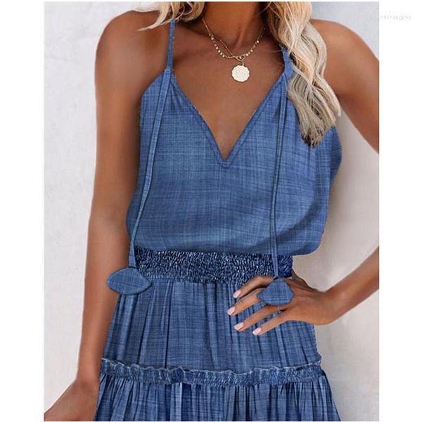 Vestidos casuais mulheres moda elegante babado bainha shirred cintura tira de cami vestido sem mangas de corset halter bohemian