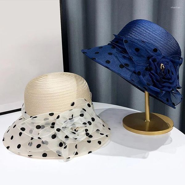 Cappelli a tesa larga 2023 Fashion Elegant Flower Dot Mesh Hat Women's Foldable Wedding Party Summer Beach Sole protettivo