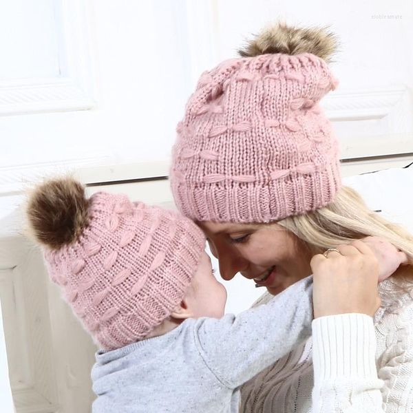 Beanies Beanie/Skull Caps Wintermütze Frauen Baby Strickmütze mit Bommel für weibliche Kinder warme klobige dicke dehnbare Skullies