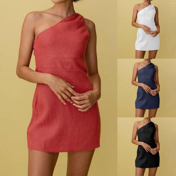 Abiti casual da donna in lino monospalla mini abito estivo senza maniche in pizzo per donna rosso