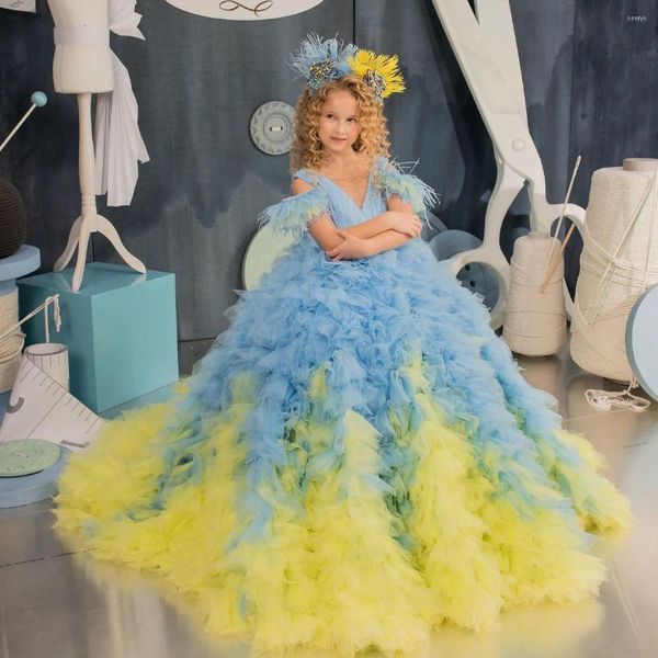 La ragazza veste il fiore blu e giallo per gli abiti di promenade del bambino della piuma della principessa di spettacolo delle ragazze della festa dei capretti di cerimonia nuziale
