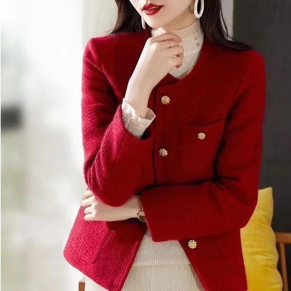 Mulheres jaquetas outono inverno pequena fragrância temperamento tweed jaqueta vermelha coreano moda feminina topo chique curto 231123