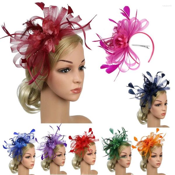 Grampos de cabelo moda senhoras pena net véu headdress vintage casamento noiva cabeça flor banquete ornamentos jockey club chapéu ban