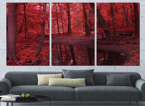 3 panel tuval sanat ağaçları kırmızı yapraklar fest ev dekor duvar sanat boyama tuval oturma odası için resimler poster9746602