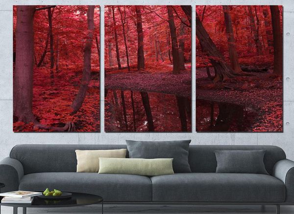 3 Pannelli Su Tela Alberi Foglie Rosse Frest Home Decor Wall Art Pittura Stampe su tela Immagini per Soggiorno Poster9746602