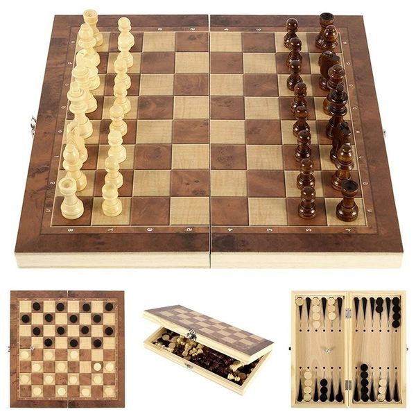 Jogos de Xadrez Peças Internacionais Jogo Super Magnético Chessman Conjunto de Viagem de Madeira Dobrável Tabuleiro de Xadrez Gamão Damas 3 em 1 231123