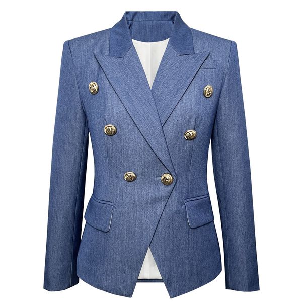 Ternos femininos blazers azul profundo imitação denim padrão escuro tecido fino ajuste duplo breasted terno casaco 231123