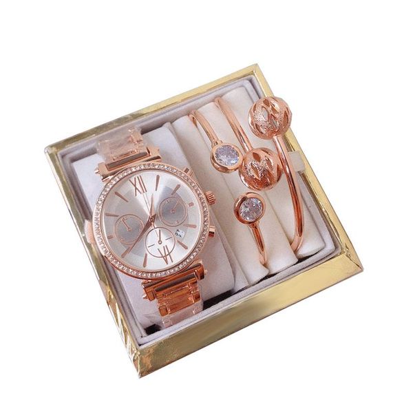 Mode 3 Sätze Luxus Damenuhr Armband Top Marke Roségold Armbanduhren Dame Designer Diamantuhren für Damen Weihnachten Geburtstagsgeschenke mit Geschenkbox Relogios