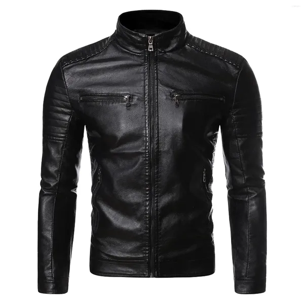 Herrenjacken Street Trendy Lederjacke Herren Winter Casual Stehkragen Motorradmantel Reißverschlusstasche Schlanke Kleidung