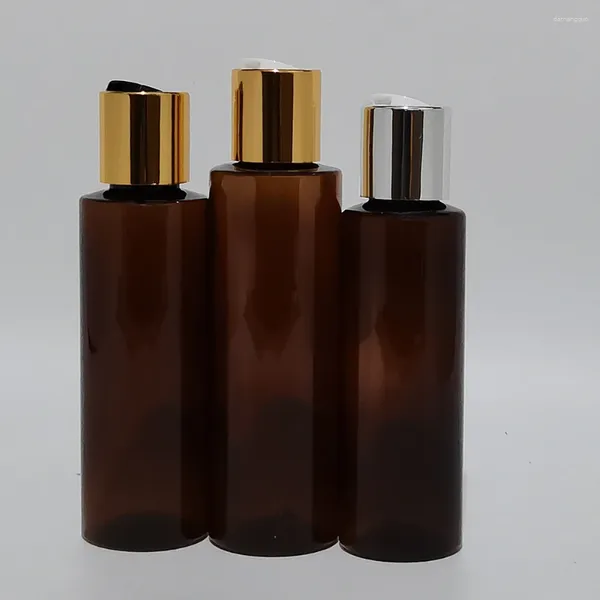 Vorratsflaschen 100 ml, 120 ml, 150 ml Kunststoff-Kosmetik mit Gold-Silber-Scheibenkappen, Körperlotion, Shampoo, Duschgel, Öl, PET, nachfüllbar