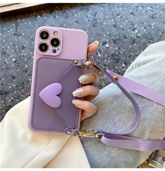 Корейский ремешок через плечо, ожерелье, ремешок, держатель для карт, фиолетовый чехол для iPhone 11, 12, 15, 13, 14 Pro Max, чехол для портмоне